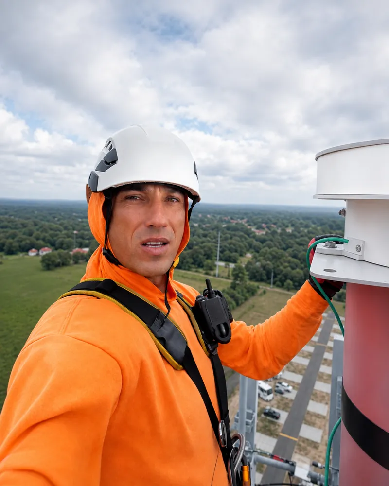 Dominika Tsybina's dad working high on a communication tower